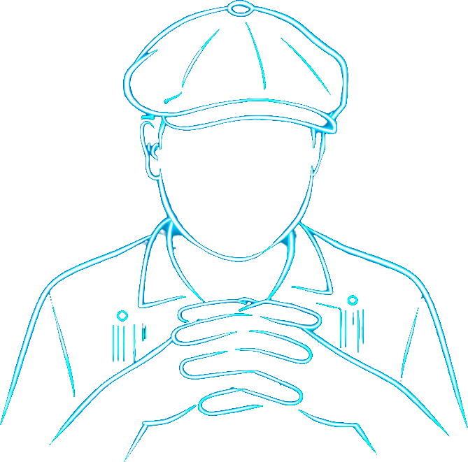 Neon outline of the Viable Coder figure — a man in a flat cap with clasped hands